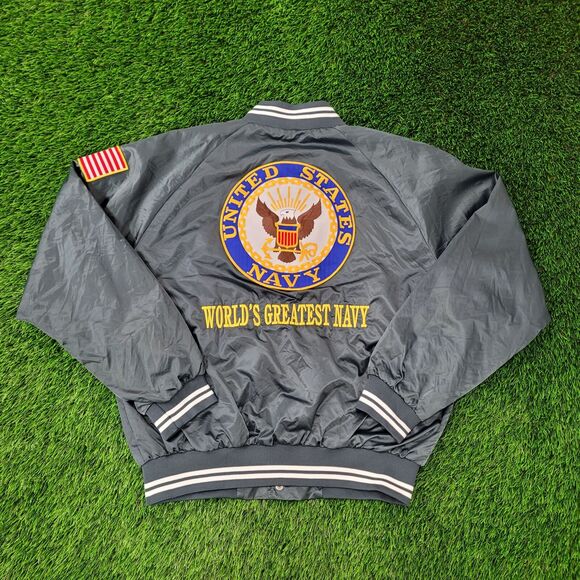 Vintage Y2K US-Navy Satin Bomber Jacket XL 26x27 Boxy NAVY Chief - Picture 2 of 16